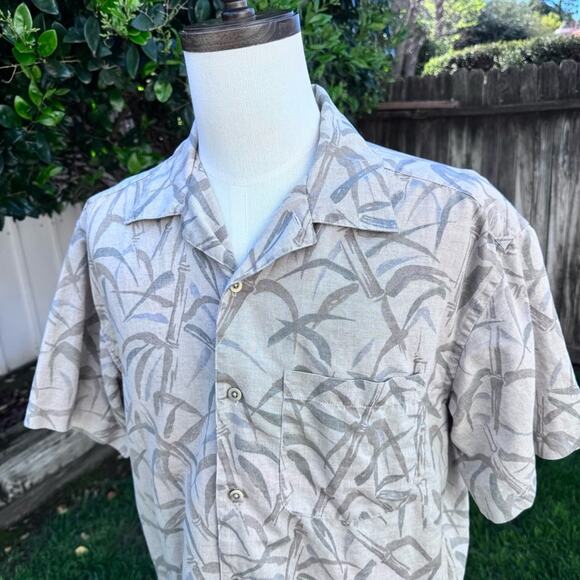 Geoffrey Beene Hawaiian Shirt Tan Linen Blend Tropical Bamboo Men's Size Large - Picture 2 of 8